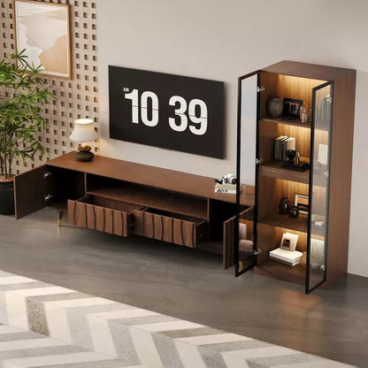 ATJafurn 3-Piece Entertainment Center, Mid-Century Modern Living Room Furniture Wood TV Stand and Coffee Table Set with Glass Display Cabinet
