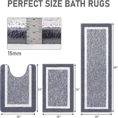 3-Piece Bathroom Rug Mat Set, Microfiber Shaggy Non-Slip Ultra Soft Absorbent Mats with U-Shaped Toilet Mat