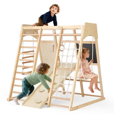 TODECARE Toddler Climbing Toy Indoor, Wood Kids Climber Slide Playset, Outdoor Jungle Gym