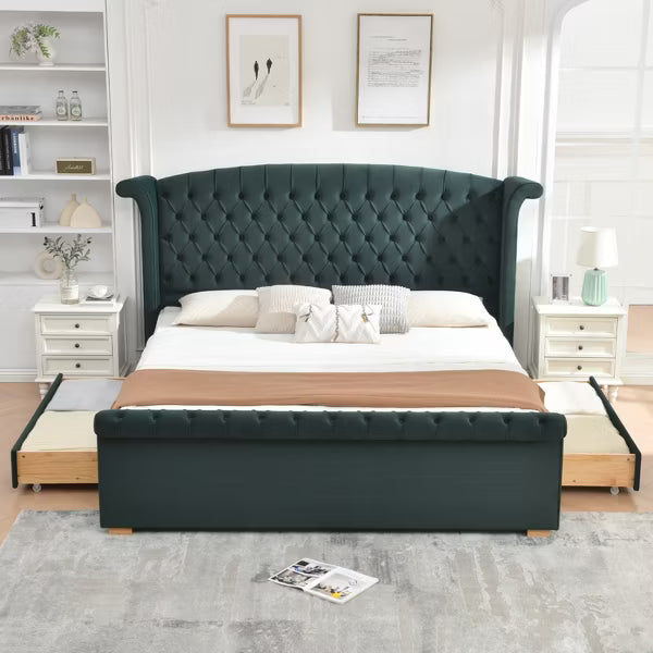 King Size Upholstered Sleigh Bed with 2 Storage Drawers,Elegant Curved Headboard&Footboard,Soft Velvet,No Box Spring Needed,Easy Assembly,Green