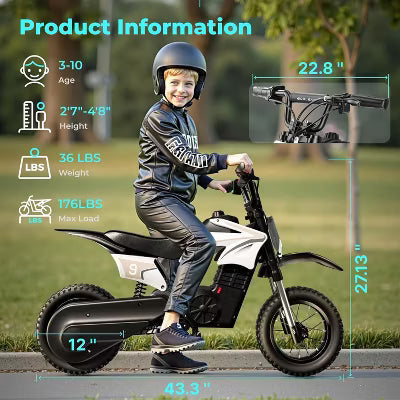 ECOLEAP K1 Kids Electric Dirt Bike 36V – 16MPH Fast, 14-Mile Range, 700W Peak Motor, 3-Speed Modes, 12" Off-Road Tires, UL,Ages 3-10,Gray