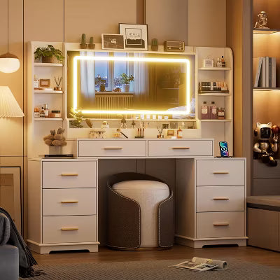 PAKASEPT 58.4" W Vanity Desk with LED Lights & Power Outlet, Mondern Makeup Vanity with 8Drawers & Hair Dryer Stand, for Bedroom Dressing Room