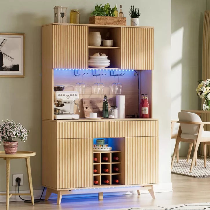 PAKASEPT 70" Fluted Coffee Bar Cabinet with Power Outlet & Light, Kitchen Hutch with Drawers, Shelf and Wine Glass Rack, Pantry China Cabinet for Home