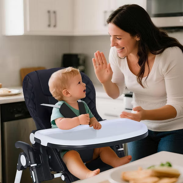 Kinder King Foldable High Chair for Babies & Toddlers, Adjustable Height, Recline, Storage Basket, Double Trays, Easy to Clean