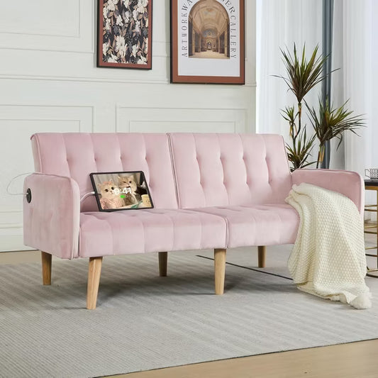 TYBOATLE 65 inch Convertible Velvet Futon Sofa Bed, Modern Upholstered Couch with USB, Folding Loveseat for Small Space, Apartment, Office