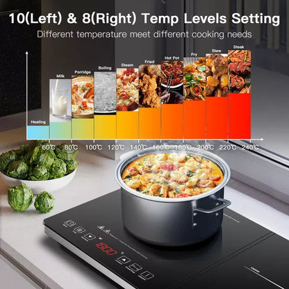 Dual Induction Cooktop,Dual Zone Individual Control Induction Cooker,9-speed Power Induction hob,Sensor Touch,High temperature indicator,3-hour Timer