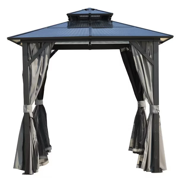 8 ft. x 8 ft. Hardtop Outdoor Gazebo, Polycarbonate Double Roof BBQ Gazebo with Aluminum Frame, Storage Hooks, Curtains