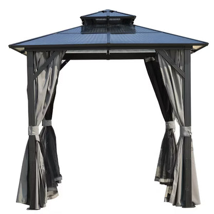 8 ft. x 8 ft. Hardtop Outdoor Gazebo, Polycarbonate Double Roof BBQ Gazebo with Aluminum Frame, Storage Hooks, Curtains