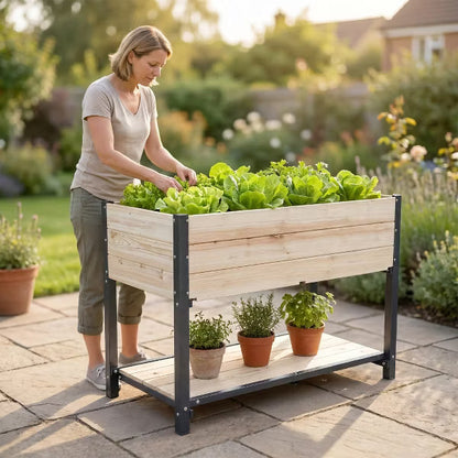 Solid Wood & Iron Frame Raised Garden Bed - Reversible & Replaceable Wood Panels, No Paint/Formaldehyde, DIY Planter Box for Vegetables, Flowers