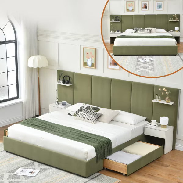 King Size Hotel Style Platform Bed,Storage Drawers Built-in Nightstands Floating Shelves,Noise-Free Sprung Wooden Slats,No Box Spring Needed,Green
