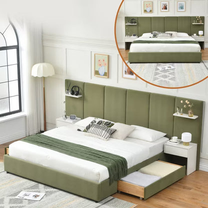 King Size Hotel Style Platform Bed,Storage Drawers Built-in Nightstands Floating Shelves,Noise-Free Sprung Wooden Slats,No Box Spring Needed,Green