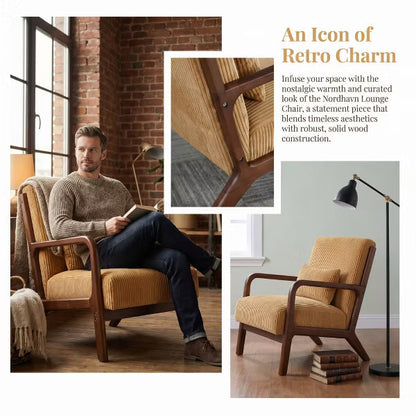 Nordhavn Corduroy Accent Chair with Solid Wood Frame & Lumbar Pillow, Retro Lounge Armchair for Living Room, Mustard Gold