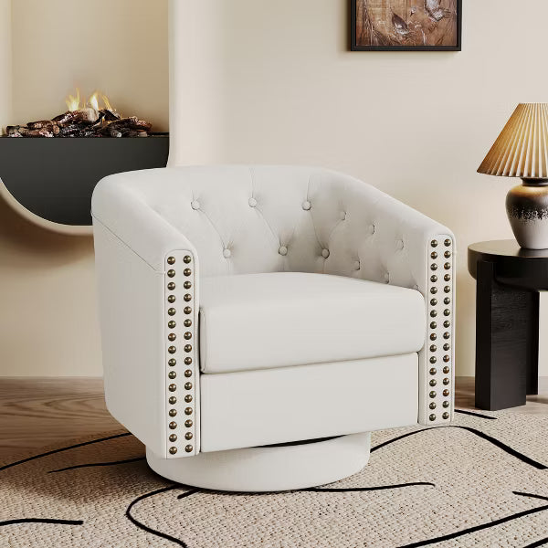 Dyonery Swivel Barrel Accent Chair, Faux Leather Nailhead Armchair, 360 Modern Comfy Reading Chair for Living Room & Bedroom