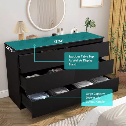 CIPACHO Modern BLACK 6 Drawer Double Dresser Roomy Storage Chest Great for Bedroom Closet Living Room