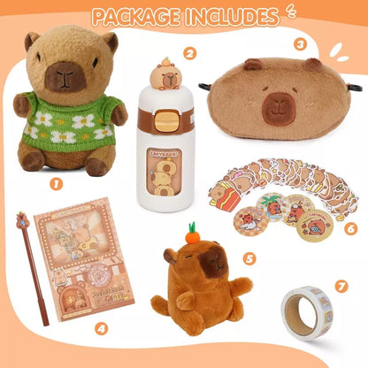 Capybara Plush for Kids 4-10+ Year Old Birthday Gift Cute Capybara Plush Set with Stuffed Animal/Cup/Notebook/Bag/Pen/Stickers/Badge/Keychain