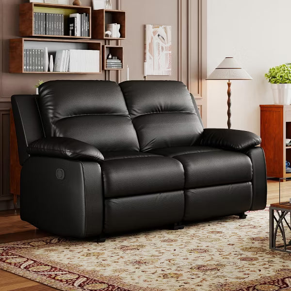 KERDOM 2-Seater Manual Recliner Loveseat, PU Leather Reclining Sofa, Double Reclining Couch for Living Room，Black