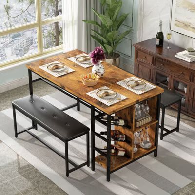 Hooseng 3 Pieces Dining Table Set, Space Saving Dining Table Set for 2-4 People, Kitchen Table Set with Wine Rack Glass Holder and Storage Shelf
