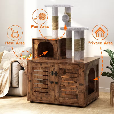 Hooseng Cat Litter Box Enclosure with Tree Tower and Condo, Hidden Washroom Wooden Cat Furniture with Sisal Scratching Post and Soft Plush Perch