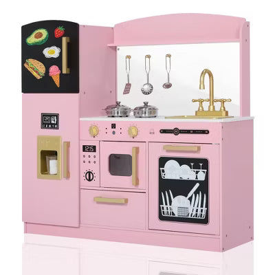 TODECARE Wooden Play Kitchen for Kids with Sink, Microwave, Ice Maker and Dishwasher, Gift for Boys and Girls Age 3+