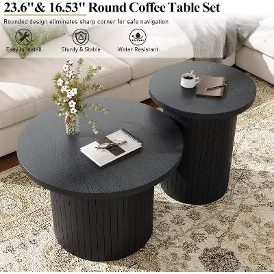 AMERLIFE Rustic Nesting Coffee Table Set, Round Wood Finish Side Tables for Living Room