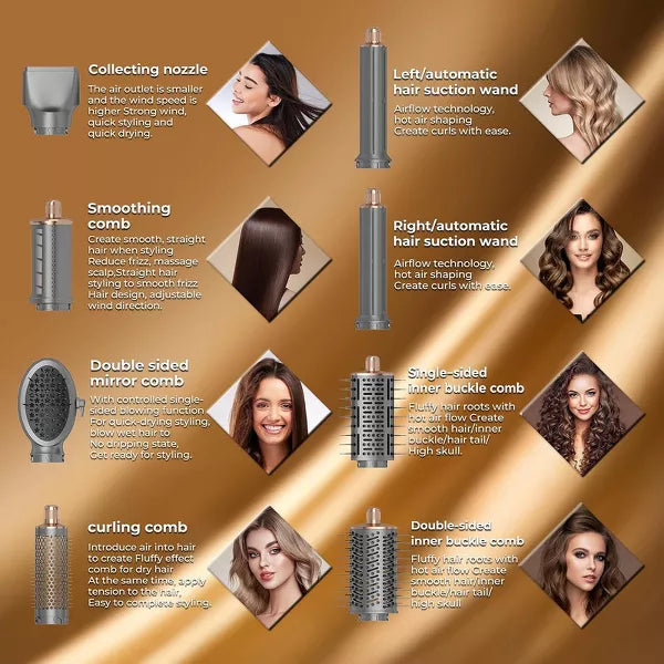 Dryhsip 8-in-1 Foldable Hot Air Styler, High-Speed Hair Dryer Brush with 7 Attachments, Negative Ion, 3 Heat/Speed Settings, Travel-Friendly, Gray