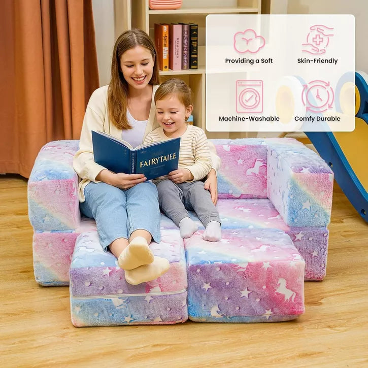 Hooseng Glow in The Dark Kids Modular Sofa, 3-in-1 Convertible Toddler Play Couch with Memory Foam & Floor Cushion for Playroom & Bedroom