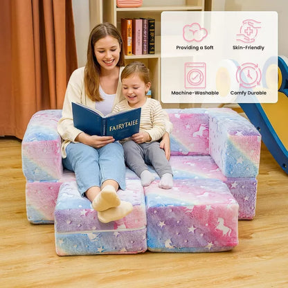 Hooseng Glow in The Dark Kids Modular Sofa, 3-in-1 Convertible Toddler Play Couch with Memory Foam & Floor Cushion for Playroom & Bedroom