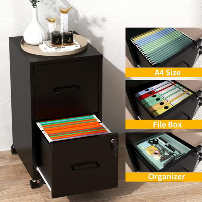 Munora - 2-Drawer Rolling File Cabinet with Lock - Mobile Storage for Letter/Legal/A4 Files - Black