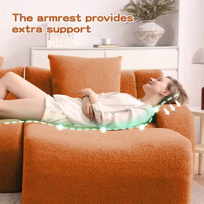 AENKYO Teddy Fabric Modular Deep Seat Sofa, 2 Pillows No Assembly Required Plush Boneless Sectional with Anti-Slip Base, Camel
