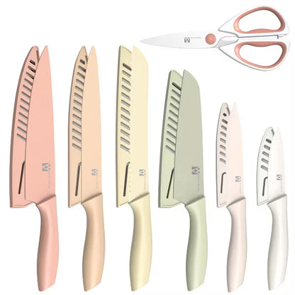 Vestaware Knife Set, 13 Pieces Kitchen Knives Set with Healthy Ceramic-Coated, Stainless Steel Chef Knife Sets with 6 Blade Guards, Holiday Gifts