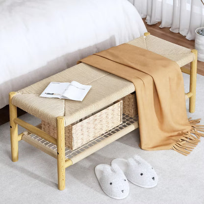 Hooseng Indoor Entryway Bench, Bohemian Style Woven Rope Long Bench with Solid Rubber Wood Legs, French Vanity Bed End Bench for Living Room, Bedroom