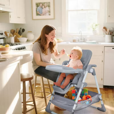 TODECARE Foldable Baby High Chair for Toddlers, Adjustable Height, Recline, Storage Basket, Double Trays, Gift for Babies