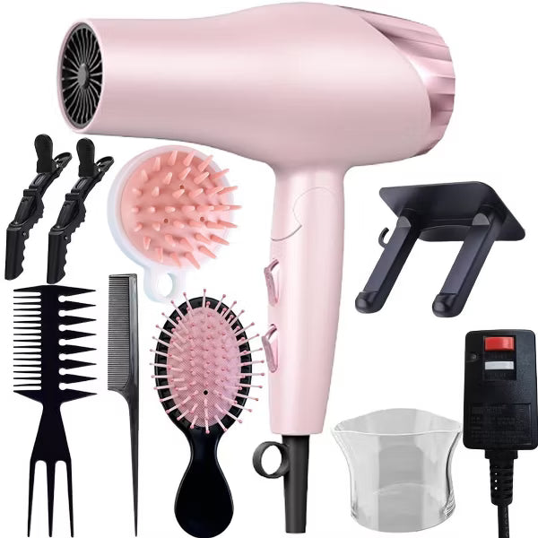 Morfone Pink 9-piece foldable hair dryer set. Portable hair styling tool for home, travel or business trips. Can be used as a gift set.