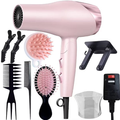 Morfone Pink 9-piece foldable hair dryer set. Portable hair styling tool for home, travel or business trips. Can be used as a gift set.