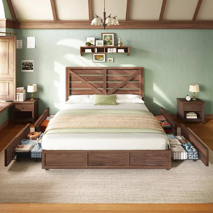 48.8" H Bed Frame with 4 Storage Drawers, Barn Door Headboard, Rustic Wood Grain, No Box Spring Needed