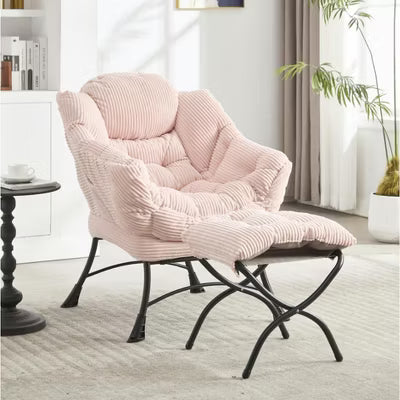 Lazy Chair with Ottoman, Modern Lounge Accent Chair with Armrests and a Side Pocket, Sofa Chair Reading Chair with Footrest, Corner Chair-Pink