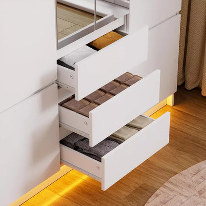 PAKASEPT 47" W Armoire Wardrobe Closet with 4 Door & 2 Mirror, with LED Light & 3 Drawers, Storage Cabinet with Hanging Rod for Bedroom