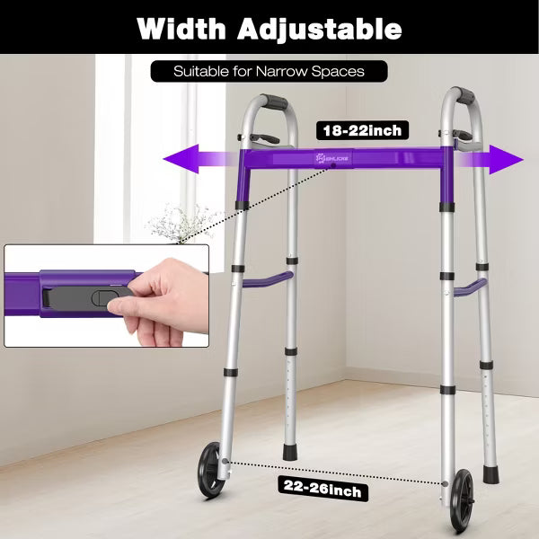 WHLICKS Lightweight Walker for Seniors, Folding Aluminum Mobility Walker with Wheels, Adjustable Height Narrow Walker for Elderly, Purple