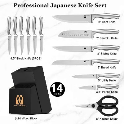 Knife Block Set, Razor-Sharp Kitchen Knife Sets, Stainless Steel Knife Set with Block, 14 Pieces Knives Set for Kitchen, Dishwasher Safe, Black
