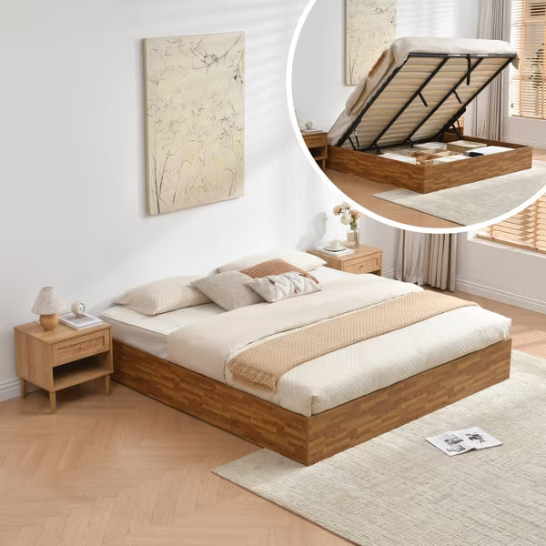 King Size Lift Up Storage Platform Bed Frame - Rustic Off White No Headboard, No Box Spring Needed, Easy Assembly