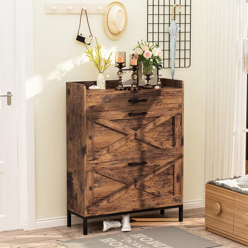Hooseng Slim Wooden Shoe Cabinet with Drawers, Freestanding Shoe Organizer with Metal Legs for Entryway, Narrow Shoe Rack Storage Unit