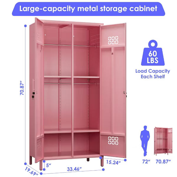 SUXXAN Metal Wardrobe Cabinets with Lock, 2 Door Closet with 4 Adjustable Shelves and Hannging Rod,Storage Locker for Home, Office