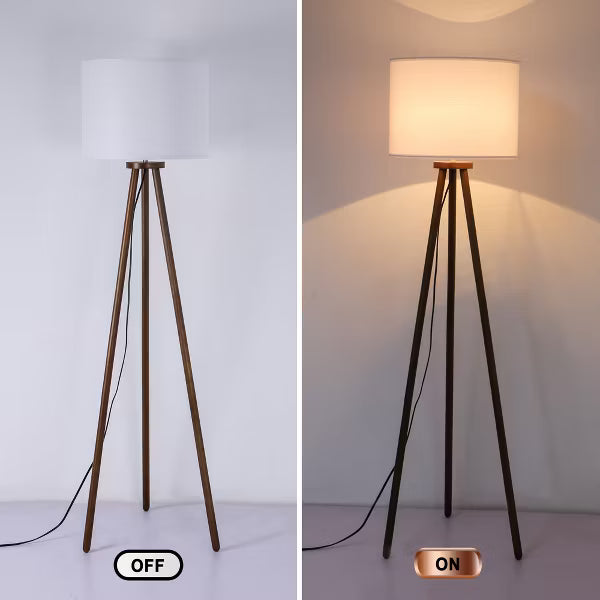 60.5" Natural Wood Tripod Floor Lamp, Nordic Style with White Linen Shade for Bedroom, Living Room, Study, Reading Room & Office