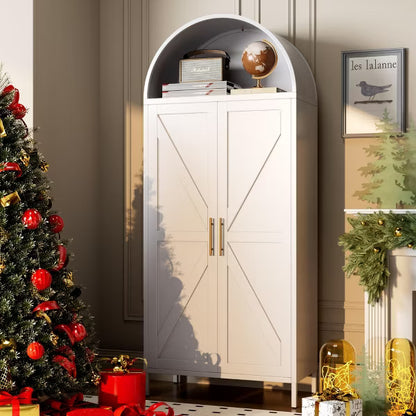 SUXXAN Metal Arched Cabinet with Adjustable Shelves, Farmhouse Pantry Cabinet with 2 Doors for Home Kitchen,White, Assemble Required