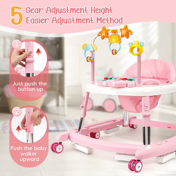 Kmaier 5-in-1 Music and Lights Baby Walker Foldable with 5 Adjustable Heights,Pink