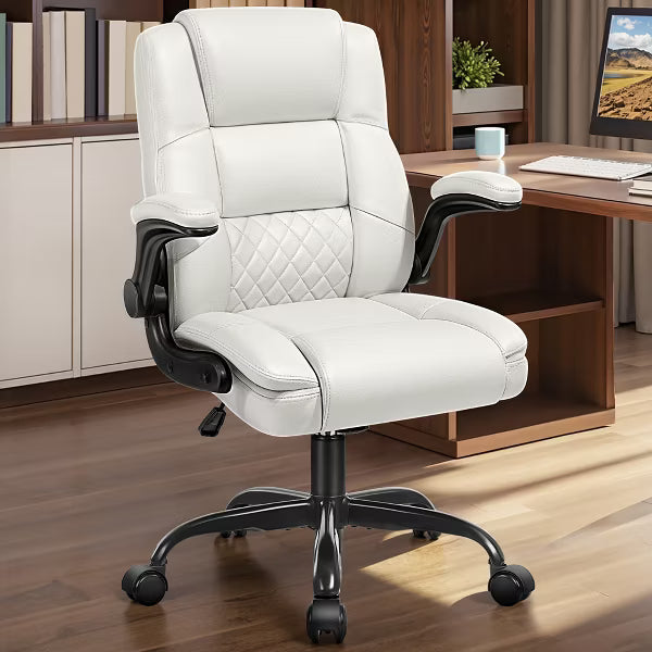 KERDOM High Back PU Leather Executive Office Chair, Flip Up Armrest Reclining Desk Chair with Rocking & Height Adjustable for Home Office,White