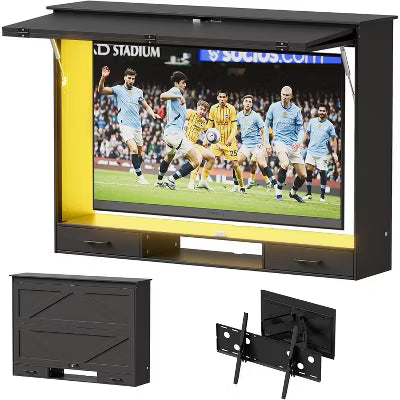 PAKASEPT Wooden Outdoor TV Enclosure, Weatherproof TV Cover for Maximum 58" Screens, Lockable with Adjustable Dual-Arm TV Wall Mount Bracket & Light