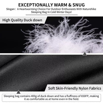 Naturehike Ultralight 650FP Down Sleeping Bag for Adults - 42°F Waterproof Backpacking Bag for Camping, Hiking & Travel w/Compression Sack