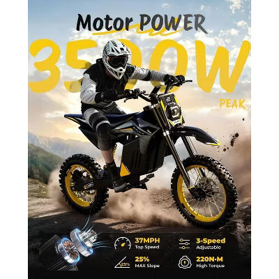 ECOLEAP 3500W Peak Electric Dirt Bike for Teens & Adults, 37MPH Off-Road E-Bike with 48V 21Ah Battery, Up to 55 Miles, 400LBS, 13+, Yellow