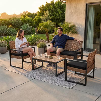 Wicker Patio Furniture Outdoor Conversation Set of 4, Rattan Outdoor Furniture Set with Acacia Wood Table, Sofa & 2 Armchairs for Patio, Porch